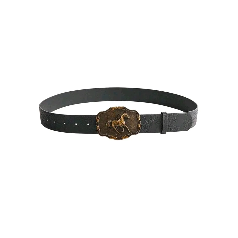 Womens Western Black Floral Embossed Belt Bronze‎ Horse Buckle Cowboy 44 inches